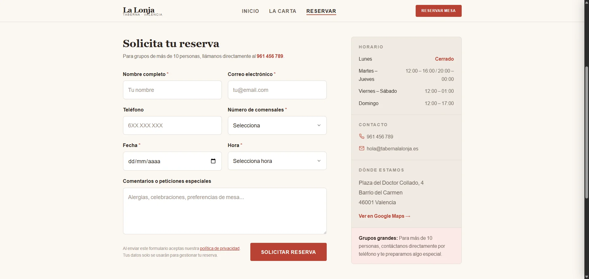 Sistema de reservas de Taberna La Lonja